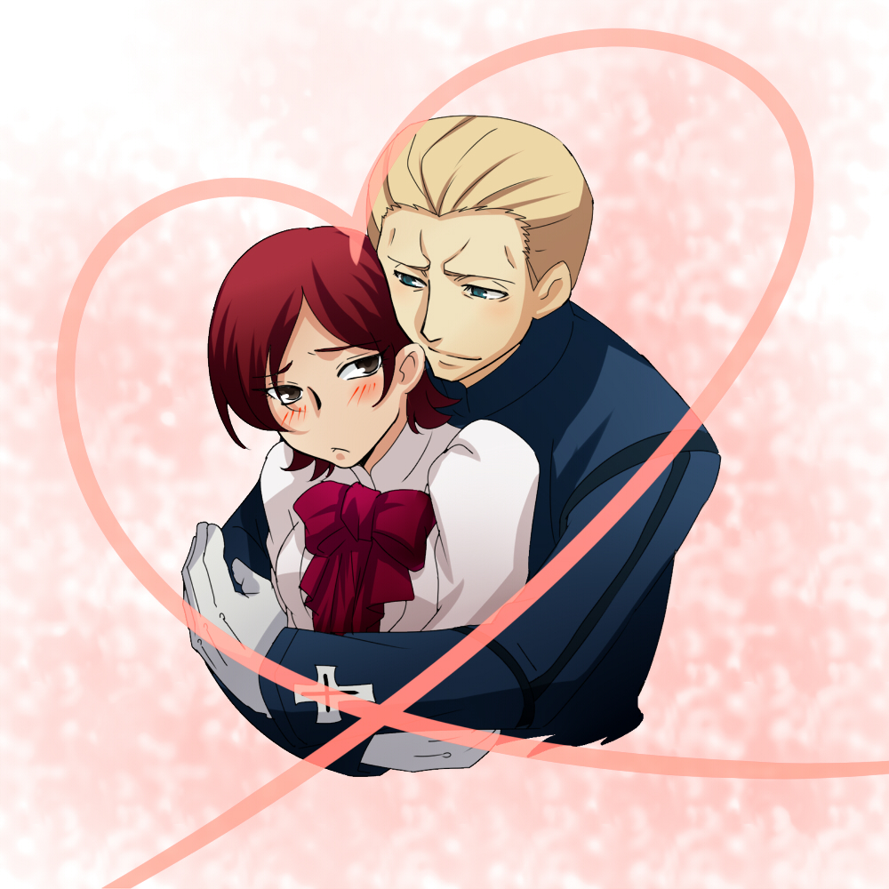 1girl, black_eyes, blonde_hair, blue_eyes, blush, brown_eyes, couple, fate/zero