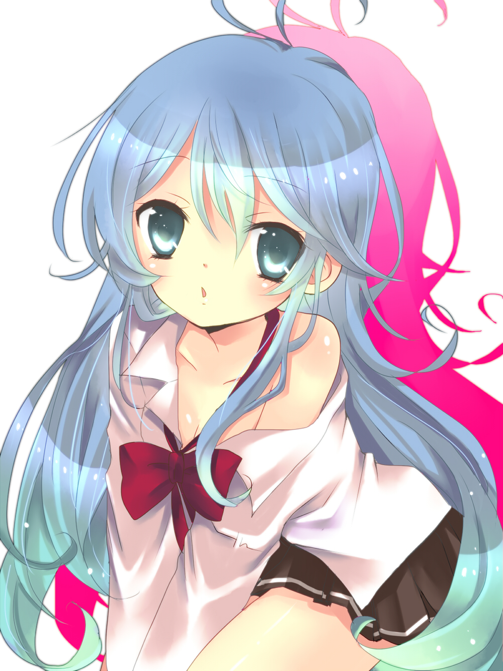 ahoge, bare_legs, blue_eyes, blue_hair, bow, denpa_onna_to_seishun_otoko, highres, long_hair