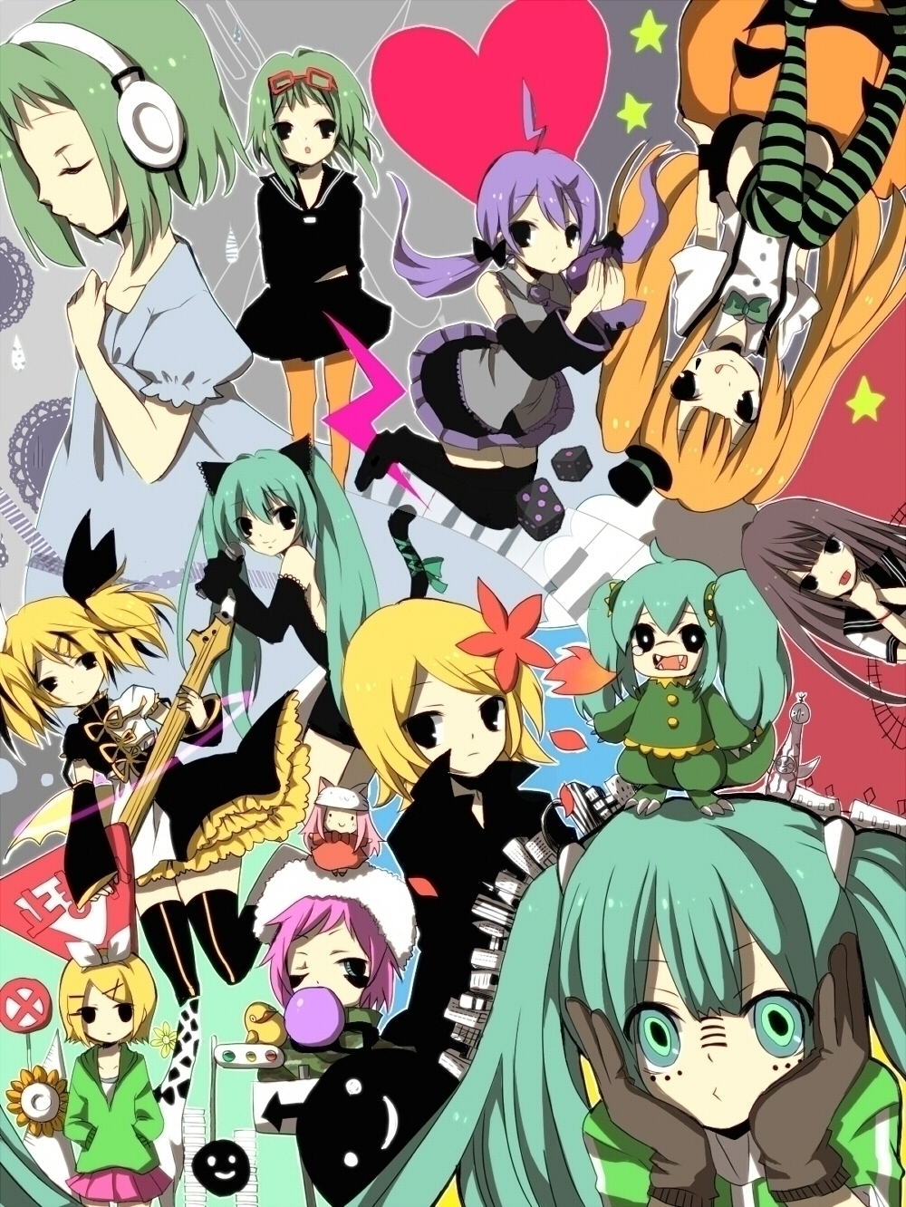 alternate_hair_color, blonde_hair, brown_hair, cat_ears, cat_tail, character_request, closed_eyes, eyes_closed, goggles, goggles_on_head, green_hair, guitar, gumi, hands_in_pockets, hat, hatsune_miku, heart, highres, instrument, kagamine_rin, long_hair, looking_at_viewer, lynne_(vocaloid), maigo_life_(vocaloid), matryoshka_(vocaloid), megurine_luka, megurine_luka_(toeto), melancholic_(vocaloid), meltdown_(vocaloid), microphone, minigirl, mrs.pumpkin_no_kokkei_na_yume_(vocaloid), multiple_girls, nakimushi_ensemble_(vocaloid), panda_hero_(vocaloid), purple_hair, rinne_(vocaloid), risky_game_(vocaloid), roshin_yuukai_(vocaloid), short_hair, smile, star, striped, striped_legwear, tail, thigh-highs, thighhighs, toeto_(vocaloid), twintails, vocaloid, yowamushi_mont-blanc_(vocaloid), yumemomosaka
