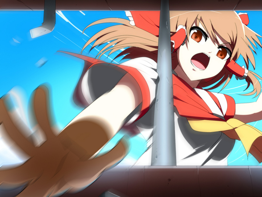 ascot, brown_eyes, brown_hair, hair_tubes, hakurei_reimu, motion_blur, open_mouth, outstreched_arm