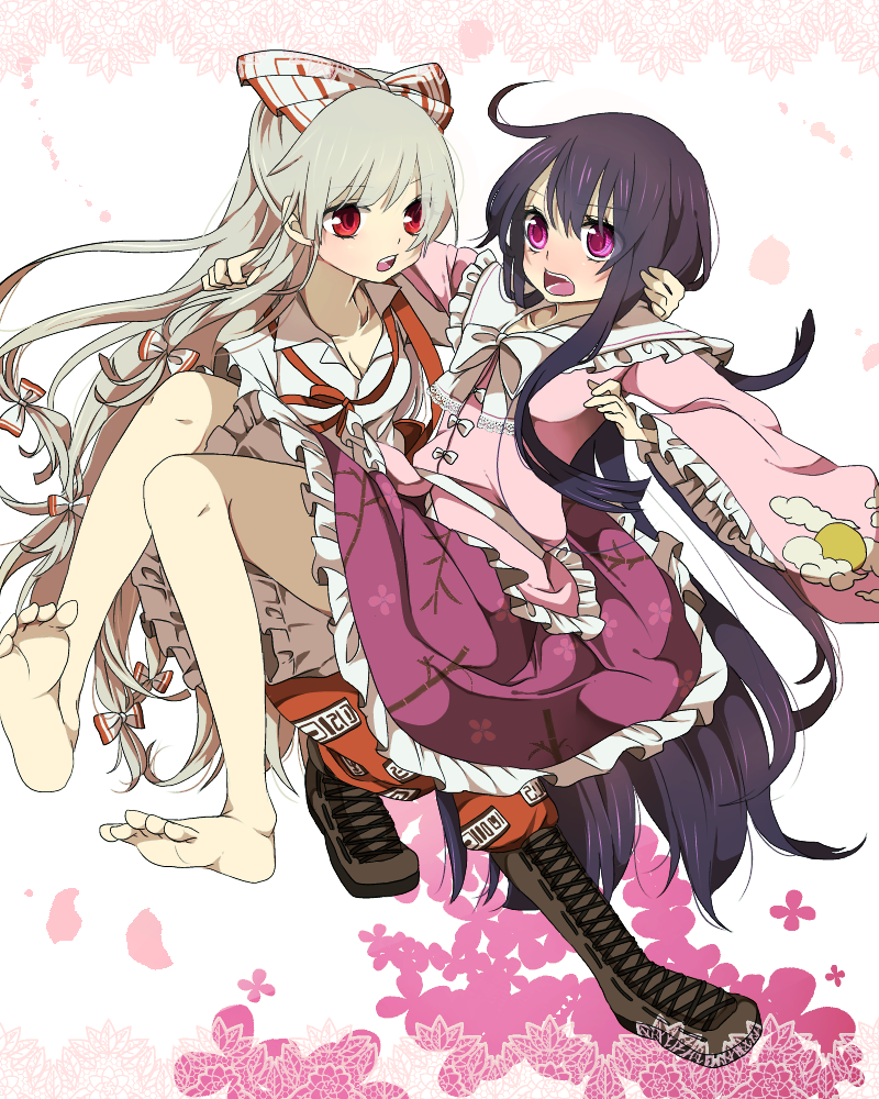2girls, barefoot, black_hair, blush, boots, carrying, feet, fujiwara_no_mokou, houraisan_kaguya, long_hair, meltedsnowjaspers, multiple_girls, open_mouth, princess_carry, purple_eyes, red_eyes, soles, toes, touhou, tsuno_no_hito, very_long_hair, violet_eyes, white_hair
