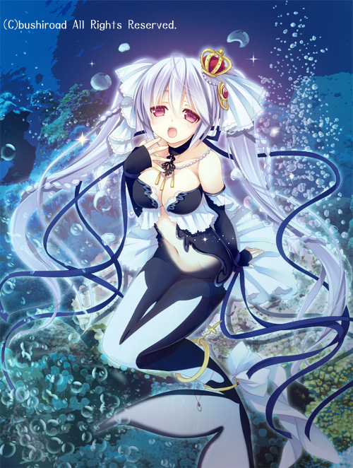 bermuda_triangle, braid, breasts, bubble, cardfight!!_vanguard, cleavage, crown, hair_ornament, large_breasts, long_hair, mermaid, monster_girl, natsume_eri, navel, open_mouth, red_eyes, silver_hair, tail, twin_braids, underwater, velvet_voice_raindear, very_long_hair