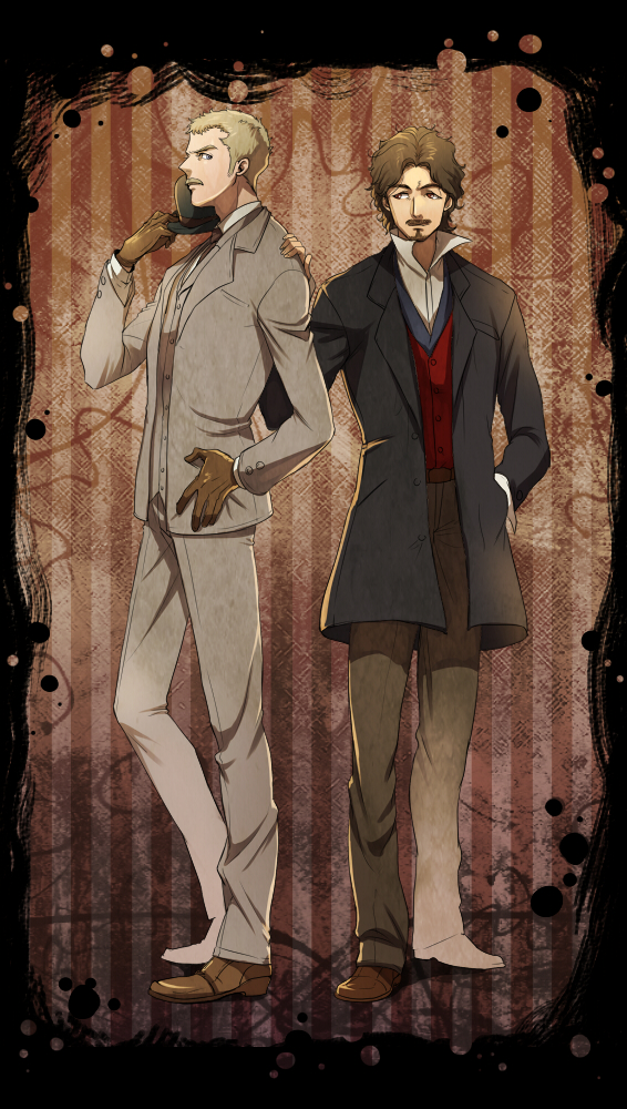 beard, blonde_hair, blue_eyes, bowler_hat, brown_hair, facial_hair, formal, gloves