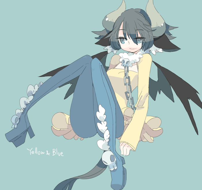 bat_wings, black_hair, blue_eyes, chain, chains, demon_girl, horns, original