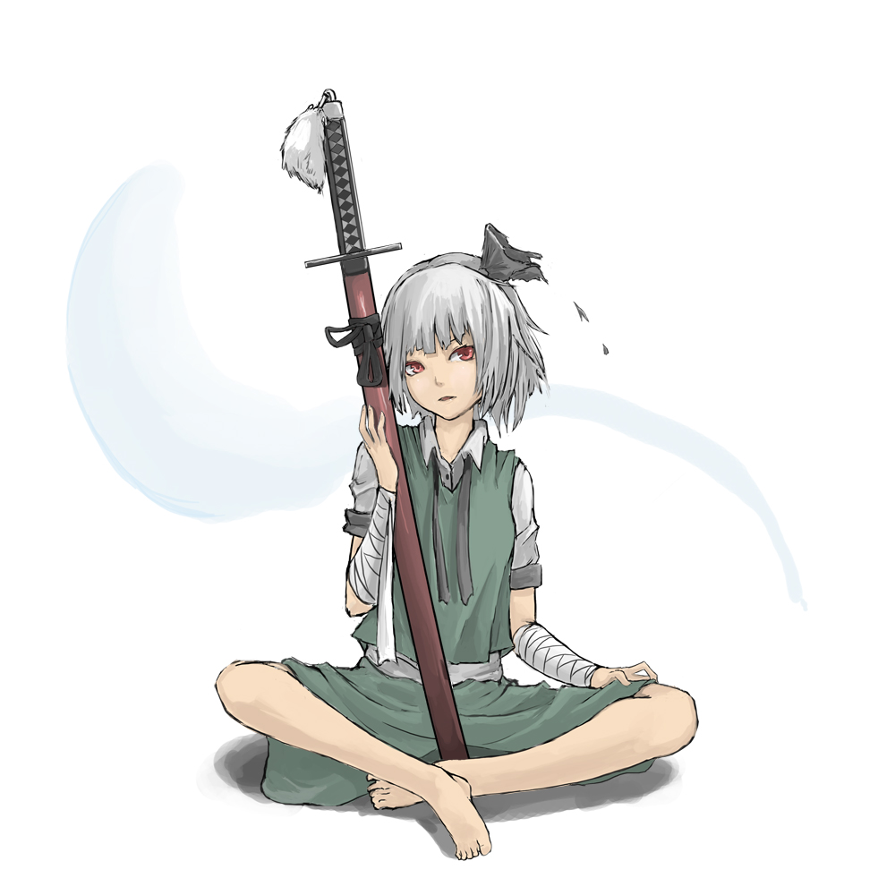 akira0171, bandage, bandages, barefoot, dress_shirt, hairband, indian_style, katana