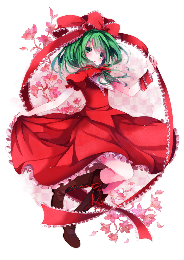 boots, bow, cross-laced_footwear, dress, efu, flower, frills, green_eyes