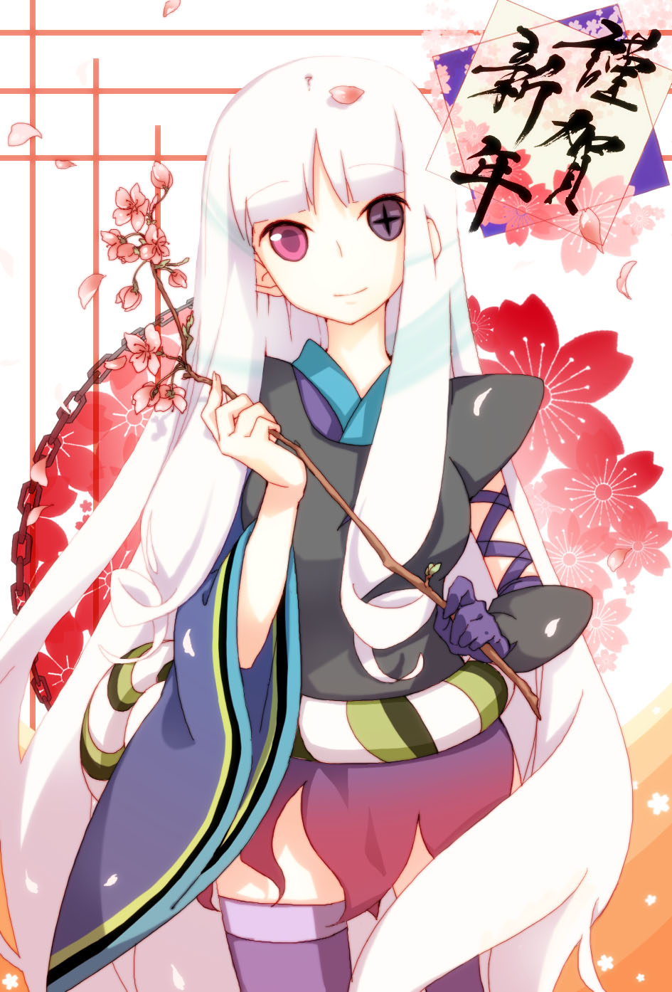 chain, chains, flower, heterochromia, highres, japanese_clothes, katanagatari, kuusou_ryodan