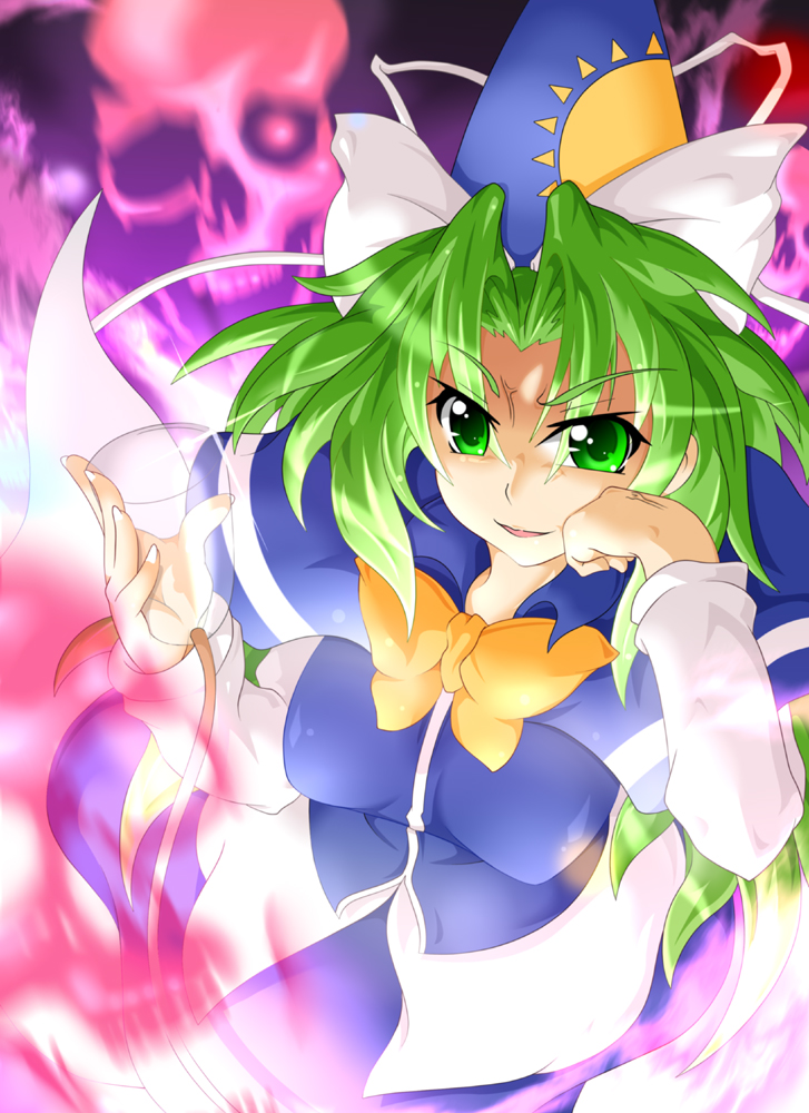 bow, chin_rest, cup, ghost, ghost_tail, green_eyes, green_hair, hat