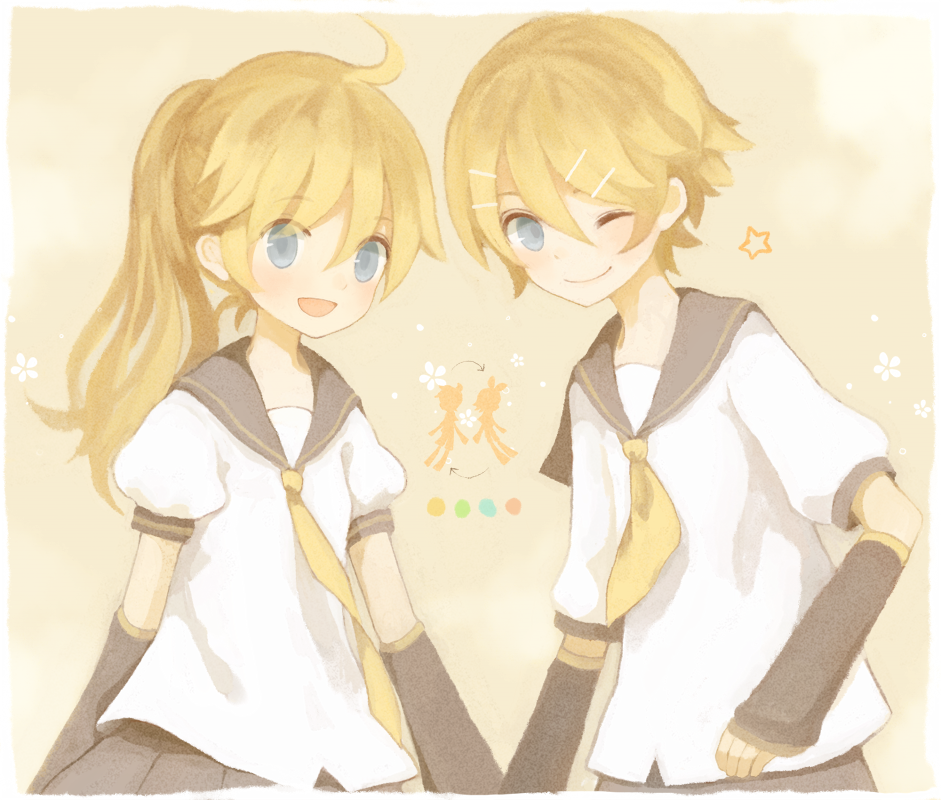 1girl, :d, ;), alternate_hairstyle, blonde_hair, blue_eyes, brother_and_sister, detached_sleeves
