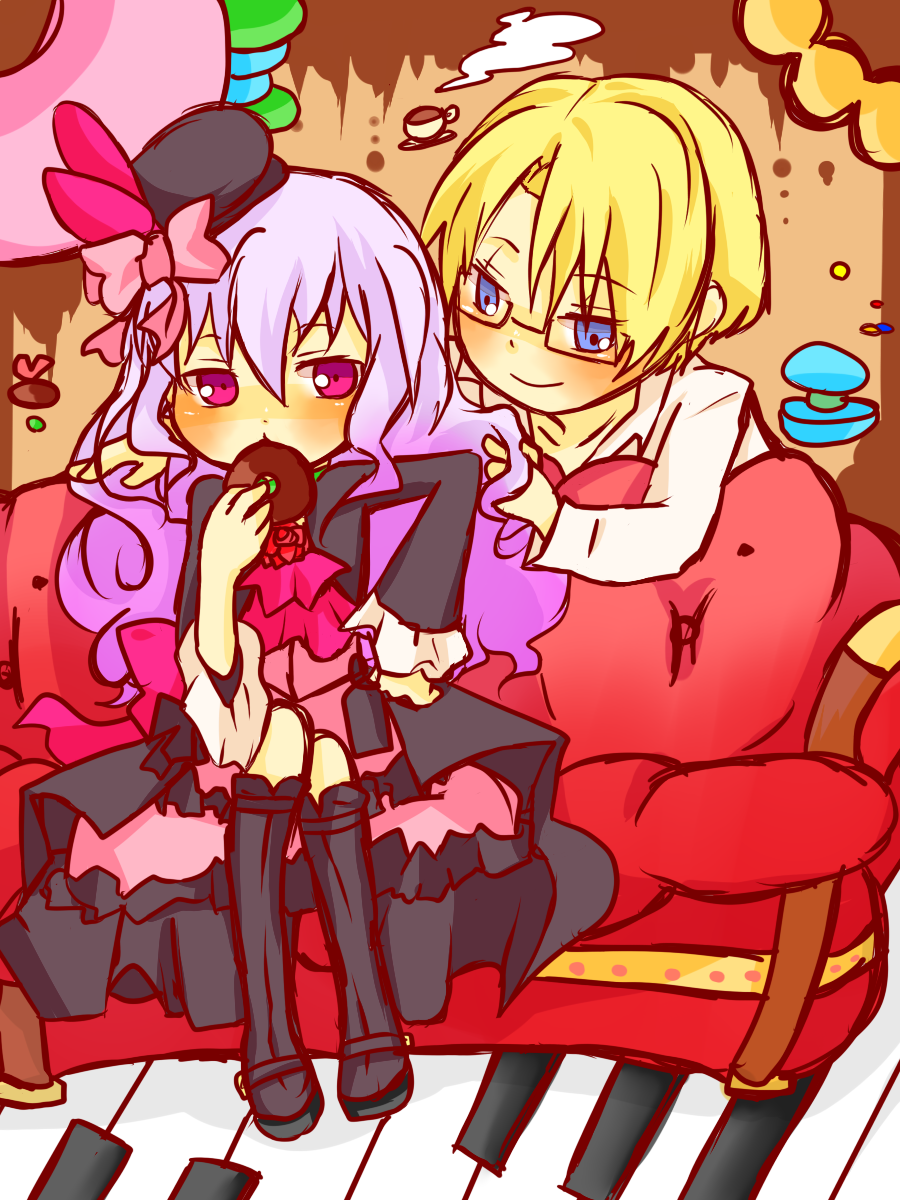 1boy, 1girl, aquarion_evol, beret, blonde_hair, blue_eyes, cravat, crea_dorosera
