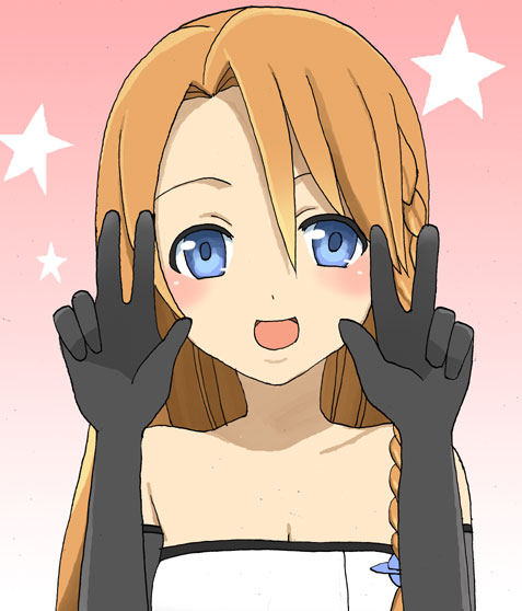 blue_eyes, blush, braid, brown_hair, cosmic_break, gloves, plain_background, rouche