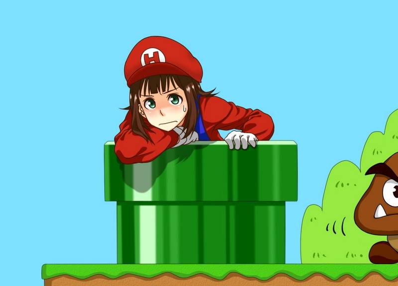 brown_hair, crossover, drainpipe, fang, gloves, goomba, green_eyes, hat, idolmaster, md5_mismatch, overalls, peaked_cap, peaked_hat, pipe, super_mario_bros., tonkotsu_kurage, warp_pipe