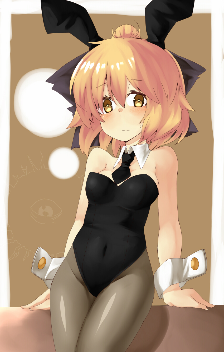 animal_ears, backbeard, bare_shoulders, black_legwear, blonde_hair, blush, bow, breasts