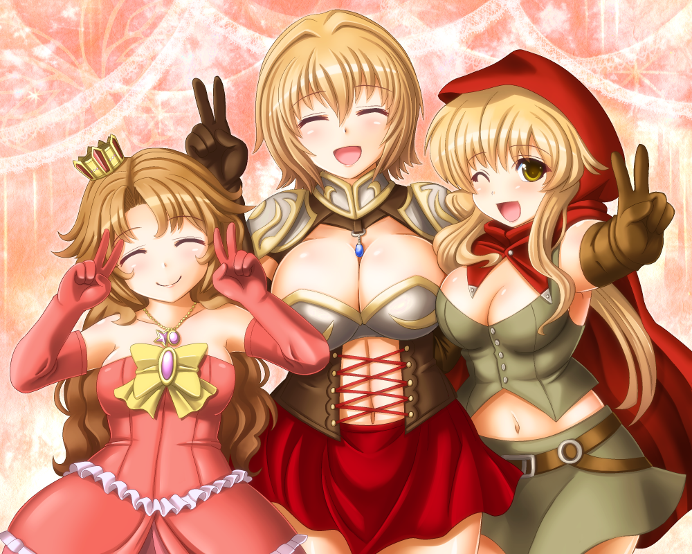 blonde_hair, breasts, brown_hair, cleavage, closed_eyes, double_v, eyes_closed, lancer_(red_stone)