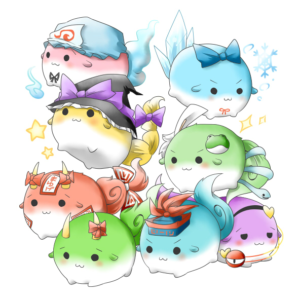 >:3, cirno, ex-keine, frog_hair_ornament, fujiwara_no_mokou, ghost, ghost_tail, gohei
