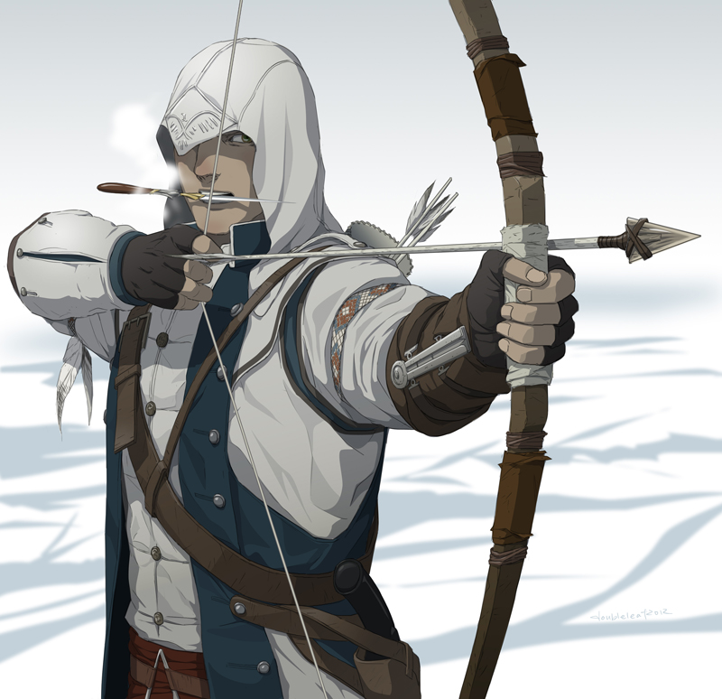 assassin's_creed, assassin's_creed_iii, assassin's_creed, assassin's_creed_iii, belt, bow_(weapon), connor_(assassin's_creed), connor_(assassin's_creed), connor_kenway, gb_(doubleleaf), genmaipudding, gloves, gun, holster, hood, knife, mouth_hold, snow, vambraces, weapon