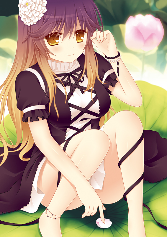 anklet, barefoot, cpu_(artist), cpu_(hexivision), dress, flower, gradient_hair, hair_flower