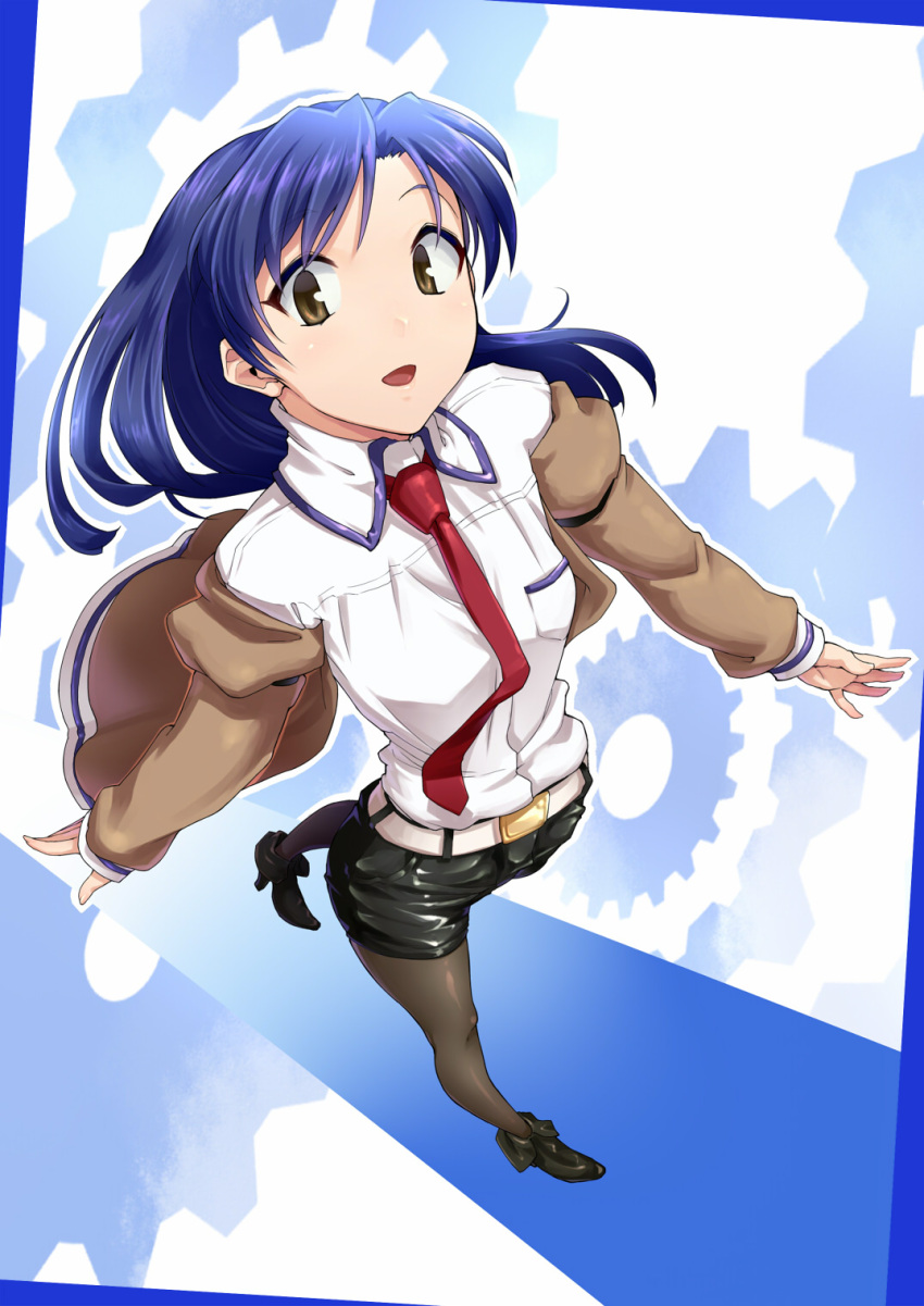 aya_shachou, belt, black_legwear, blue_hair, brown_eyes, cosplay, foreshortening, highres
