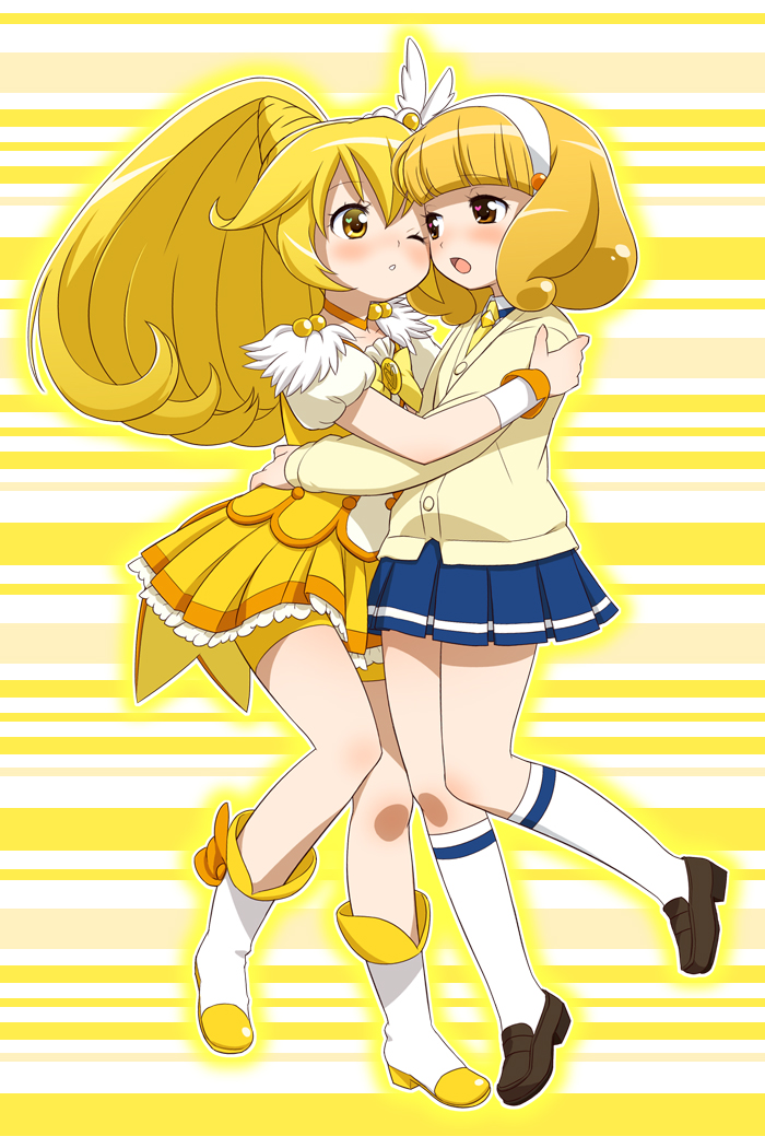 bike_shorts, blonde_hair, blush, boots, cardigan, choker, cure_peace, dual_persona, female, hairband, heart, heart-shaped_pupils, kise_yayoi, kneehighs, loafers, long_hair, multiple_girls, pleated_skirt, ponytail, precure, pretty_cure, school_uniform, shoes, short_hair, shorts_under_skirt, skirt, smile_precure!, striped, striped_background, symbol-shaped_pupils, umi_no_tarako, wink, yellow_background, yellow_eyes, yuri