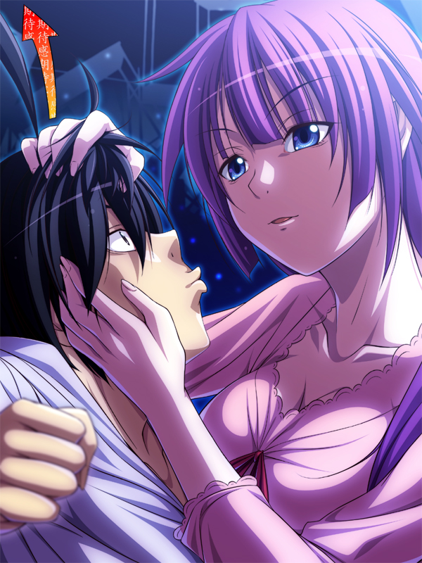 1girl, araragi_koyomi, black_eyes, black_hair, blue_eyes, breasts, chozuru, cleavage, directional_arrow, long_hair, monogatari_(series), nisemonogatari, purple_hair, senjougahara_hitagi, short_hair