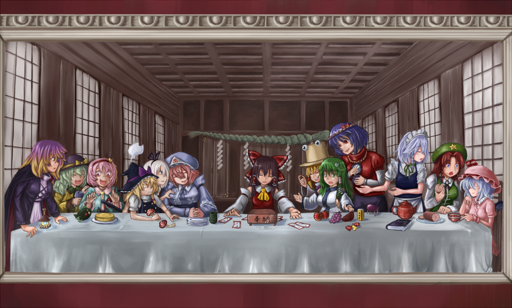 ascot, black_dress, blonde_hair, blue_dress, blue_eyes, blue_hair, bow, box, braid, brown_hair, cake, cape, capelet, closed_eyes, cup, detached_sleeves, donation_box, dress, eyeball, eyes_closed, fine_art_parody, food, frog, frog_hair_ornament, fruit, gradient_hair, grapes, green_eyes, green_hair, hair_bow, hair_ornament, hair_ribbon, hair_tubes, hairband, hakurei_reimu, hat, hat_ribbon, heart, hijiri_byakuren, hong_meiling, izayoi_sakuya, jeweled_pagoda, kaenbyou_rin, kaenbyou_rin_(cat), katana, kirisame_marisa, kochiya_sanae, komeiji_koishi, komeiji_satori, konpaku_youmu, konpaku_youmu_(ghost), long_hair, maid, maid_headdress, miko, mirror, moriya_suwako, multicolored_hair, multiple_girls, mushroom, open_mouth, parody, pink_dress, pink_hair, plate, purple_hair, red_dress, red_eyes, red_hair, redhead, reiuji_utsuho, reiuji_utsuho_(bird), remilia_scarlet, ribbon, saigyouji_yuyuko, shirt, short_hair, siblings, silver_bell_(artist), silver_hair, sisters, smile, snake, spell_card, star, sword, table, teacup, teapot, the_last_supper, third_eye, touhou, twin_braids, two-tone_hair, weapon, witch, witch_hat, yasaka_kanako, yellow_eyes
