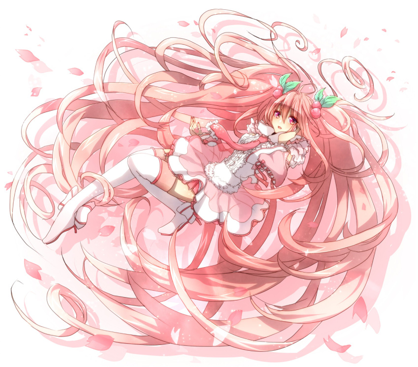 alternate_costume, bad_id, boots, cherry, detached_sleeves, dress, food, frills