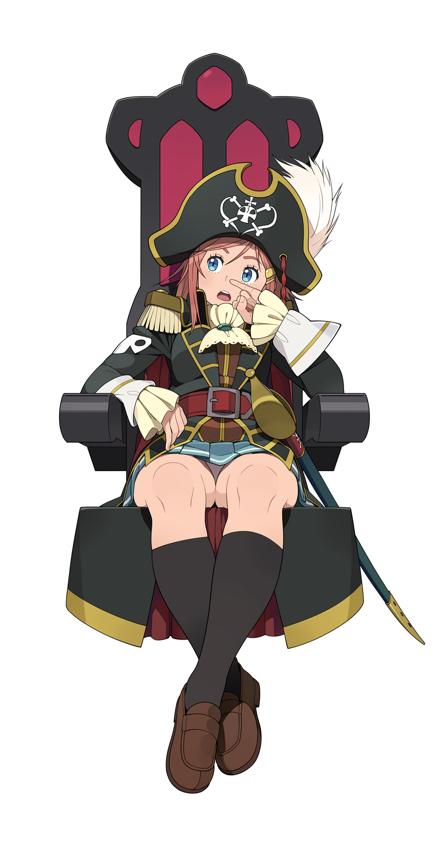 belt, black_legwear, blue_eyes, cravat, epaulettes, go_robots, hair_ornament, hairclip, hat, hat_feather, highres, katou_marika, kneehighs, loafers, looking_away, miniskirt_pirates, nose_picking, open_mouth, panties, pantyshot, picking_nose, pink_hair, pinky_out, pirate, pirate_hat, pleated_skirt, saber_(weapon), shoes, simple_background, sitting, skirt, skull_and_crossbones, solo, sword, underwear, upskirt, weapon, white_background
