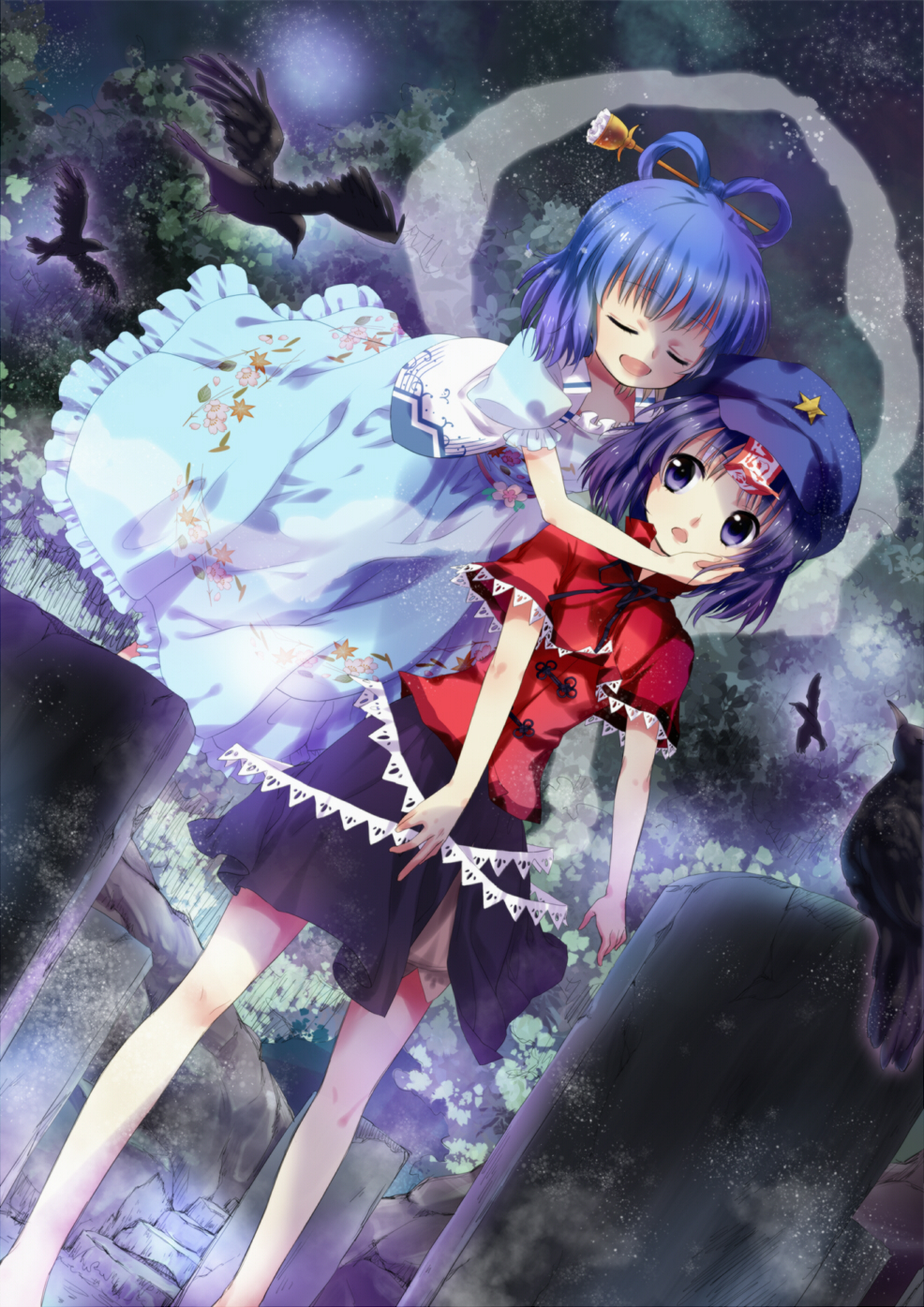 bird, blue_hair, closed_eyes, crow, dress, eyes_closed, graveyard, hair_rings