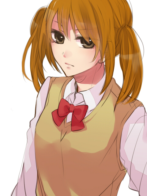 bow, bowtie, brown_eyes, brown_hair, danshi_koukousei_no_nichijou, hachiko, solo, sweater_vest