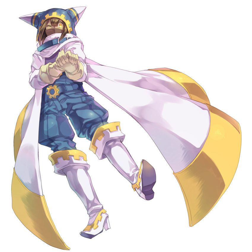 1boy, belt, boots, brown_hair, cape, cosplay, gears, genderswap