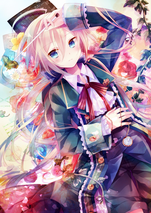 ahoge, blonde_hair, blue_eyes, butterfly, flower, ibara_riato, long_hair, lying