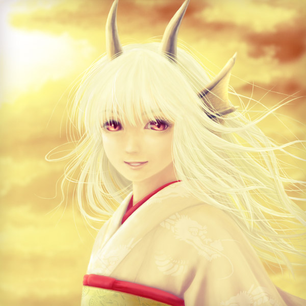 blurry, bust, cloud, depth_of_field, dragon, dragon_ears, dragon_girl, flat_chest, horns, japanese_clothes, kimono, lips, long_hair, looking_at_viewer, monster_girl, nori_(neun_leben), original, pale_skin, parted_lips, red_eyes, sky, smile, solo, sunset, white_hair, wind, yellow