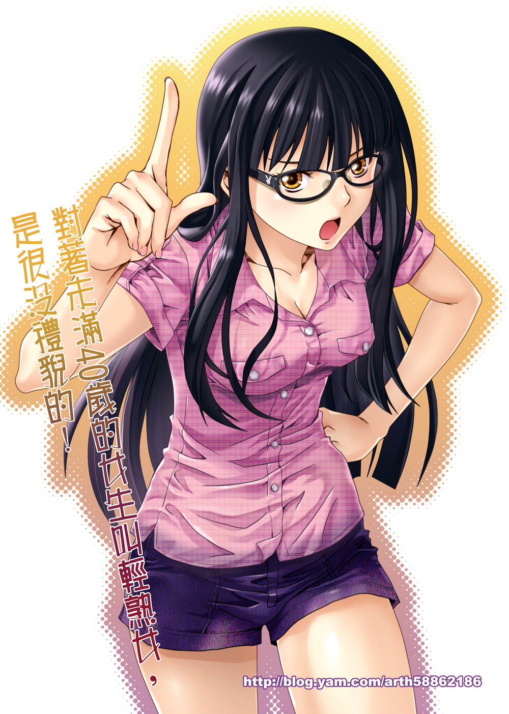 :o, black-framed_glasses, black_hair, blush, breasts, chinese, cleavage, collarbone