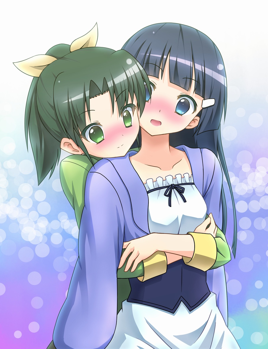 akeyama, aoki_reika, blue_eyes, blush, green_hair, hug, hug_from_behind, long_hair, midorikawa_nao, multiple_girls, ponytail, precure, purple_hair, short_hair, smile_precure!, yuri