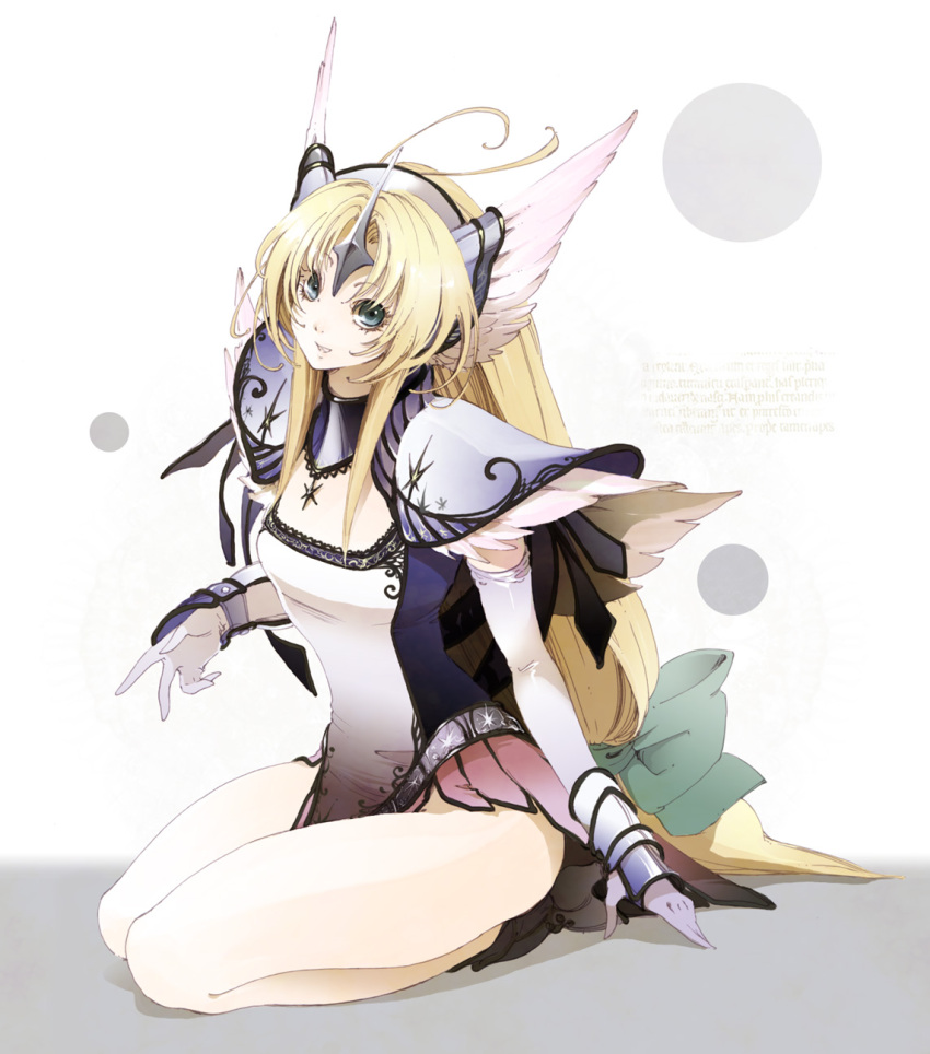 armor, blonde_hair, blue_eyes, elbow_gloves, gloves, hair_ornament, head_wings, helmet
