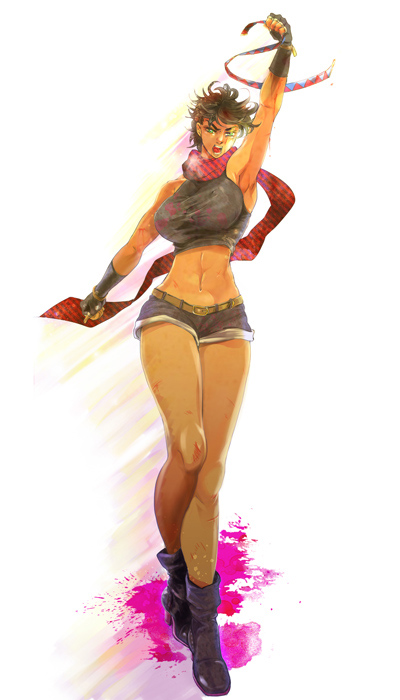 abs, boots, breasts, brown_hair, crop_top, fingerless_gloves, genderswap, gloves