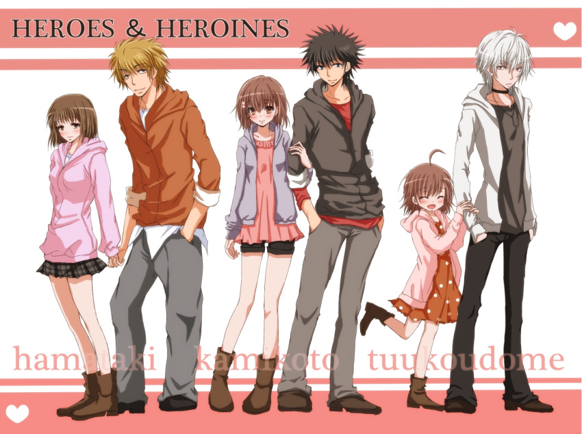 ahoge, black_eyes, black_hair, blonde_hair, brown_eyes, brown_hair, casual, choker