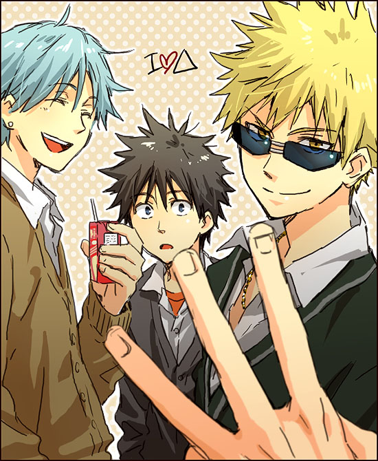 :d, ^_^, aogami_pierce, bad_id, black_hair, blonde_hair, blue_eyes, blue_hair, border, closed_eyes, ear_stud, ear_studs, earrings, eyes_closed, glasses, hanato, holding, jewelry, juice_box, kamijou_touma, male, multiple_boys, open_mouth, smile, to_aru_majutsu_no_index, tsuchimikado_motoharu, yellow_eyes