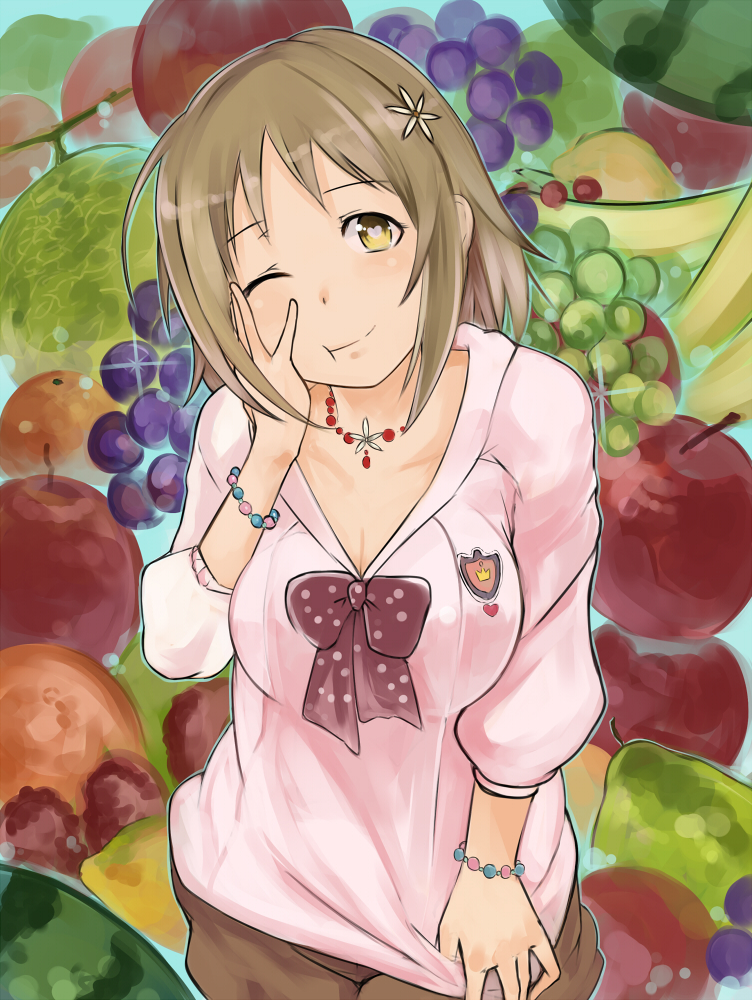:t, ;), ;t, apple, banana, bracelet, brown_hair, food