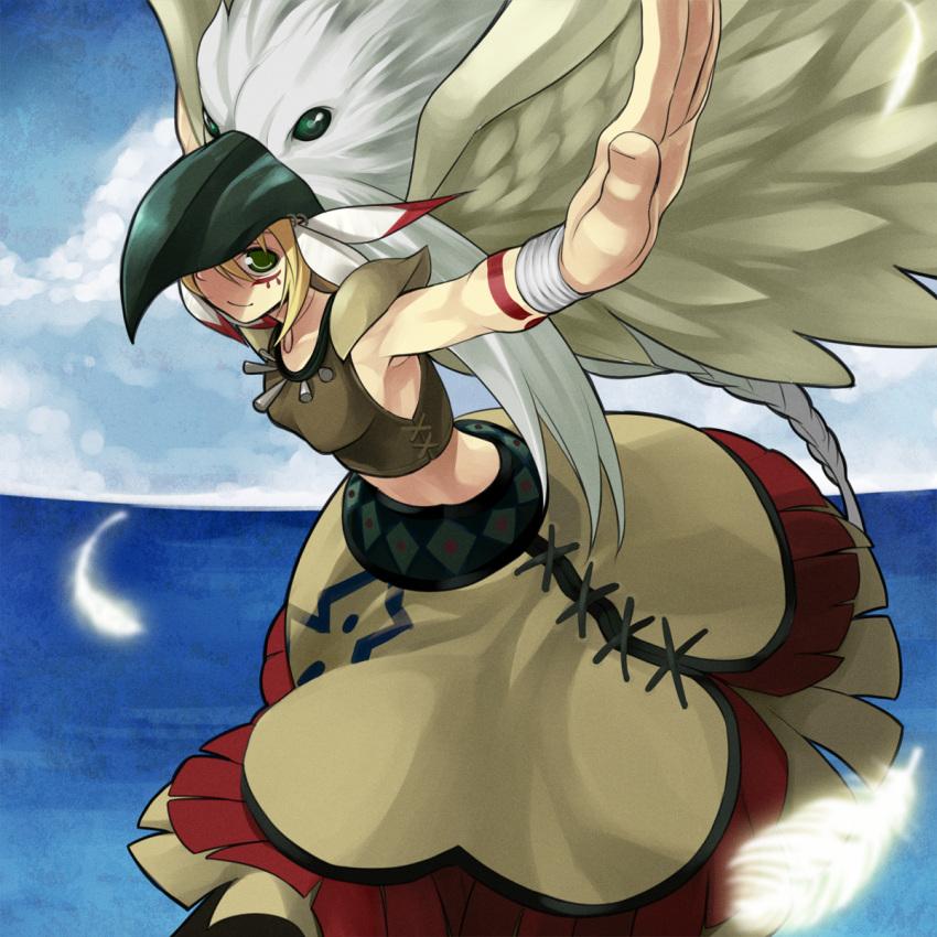cloud, dress, duel_monster, feathers, green_eyes, guardian_eatos, highres, hitohautsu, sky, water, wings, yu-gi-oh!, yuu-gi-ou, yuu-gi-ou_duel_monsters