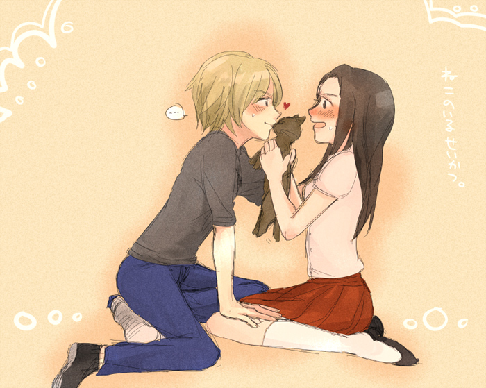 blush, cat, eye_contact, glee, heart, looking_at_another, quinn_fabray, rachel_berry