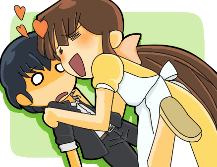 1boy, 1girl, androgynous, belt, black_hair, blush, brown_hair, chibi