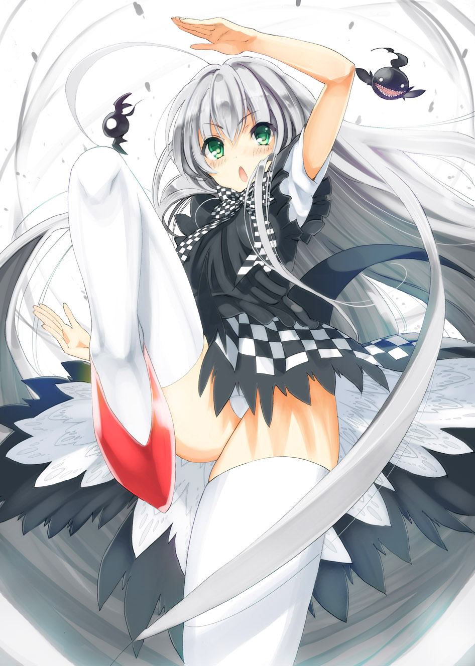 ahoge, arm_up, artist_request, checkered, checkered_dress, creature, dress, fighting_stance