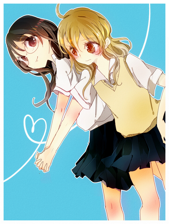 blue_background, blush, glasses, gotou-san_to_kishida-san, hand_holding, heart, heart_of_string, holding_hands, long_hair, multiple_girls, nega, original, school_uniform, simple_background, skirt, sweater_vest, yuri