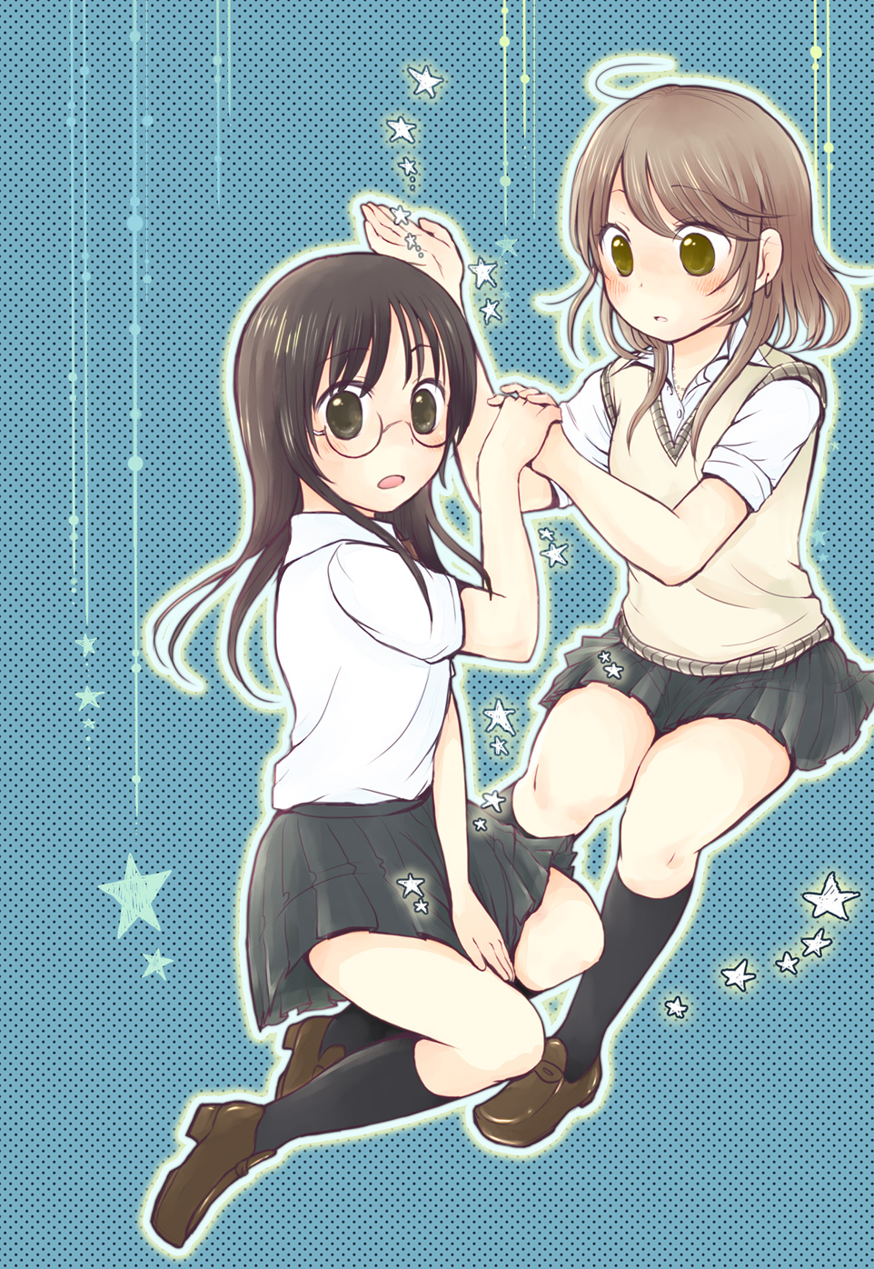 blush, glasses, gotou-san_to_kishida-san, hand_holding, highres, holding_hands, interlocked_fingers, long_hair, looking_at_viewer, multiple_girls, original, school_uniform, sweater_vest, yamamoto_mamo, yamamoto_momo