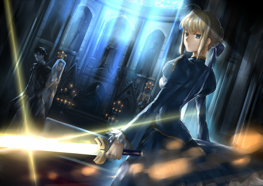 2girls, ahoge, black_hair, blonde_hair, church, dress, emiya_kiritsugu, excalibur
