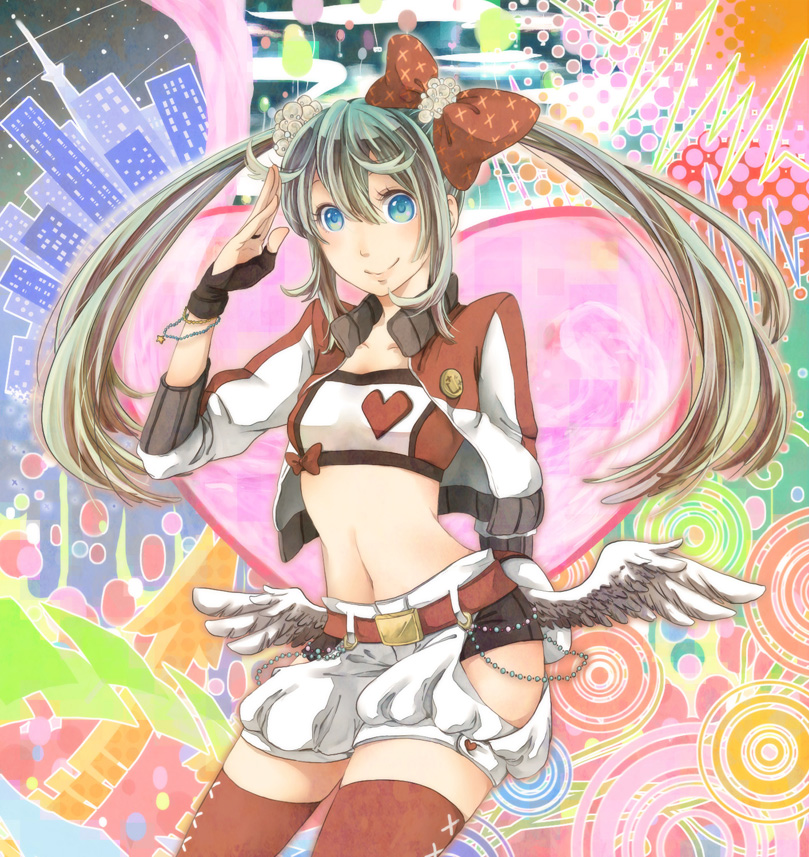 aqua_eyes, bracelet, fingerless_gloves, gloves, green_hair, harusu, hatsune_miku, headphones