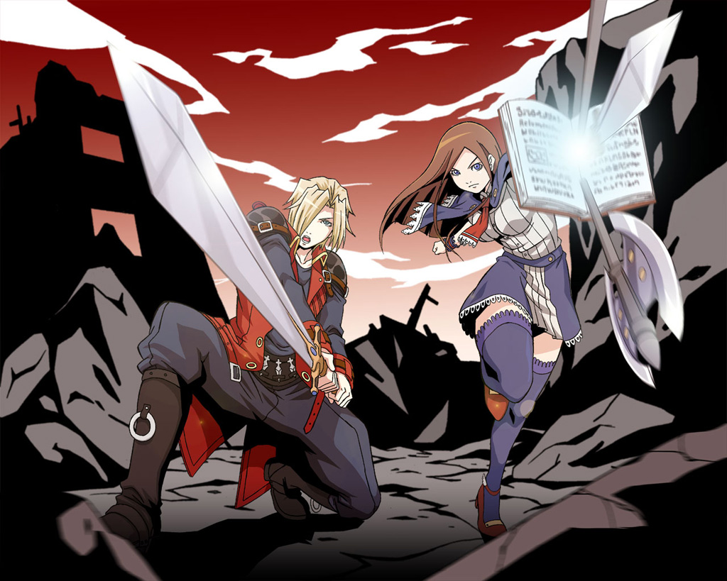 1boy, 1girl, ascot, axe, baba_ryuuichi, blonde_hair, blue_eyes, blue_legwear