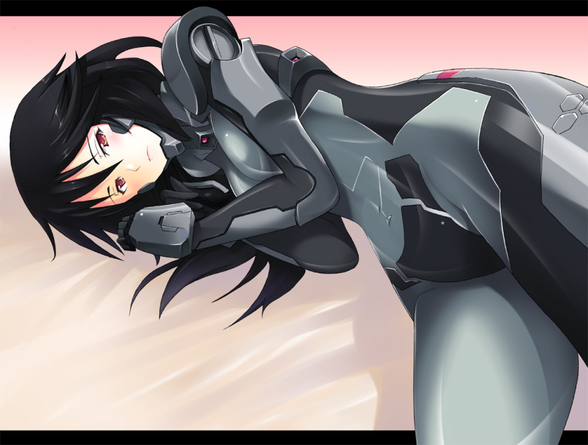 armor, black_hair, blush, bodysuit, breasts, infinite_stratos, km_(artist), long_hair