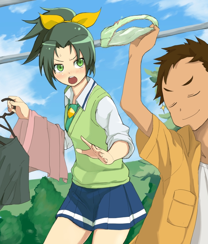1girl, accho_(macchonburike), achooo, annoyed, blush, bow, bow_panties, brother_and_sister, brown_hair, closed_eyes, clothes_hanger, clothes_thief, eyes_closed, green_eyes, green_hair, green_panties, hair_bow, holding, holding_panties, laundry, midorikawa_keita, midorikawa_nao, necktie, open_mouth, panties, ponytail, precure, school_uniform, short_hair, siblings, sleeves_rolled_up, smile, smile_precure!, sparkle, sweater_vest, theft, underwear, underwear_thief